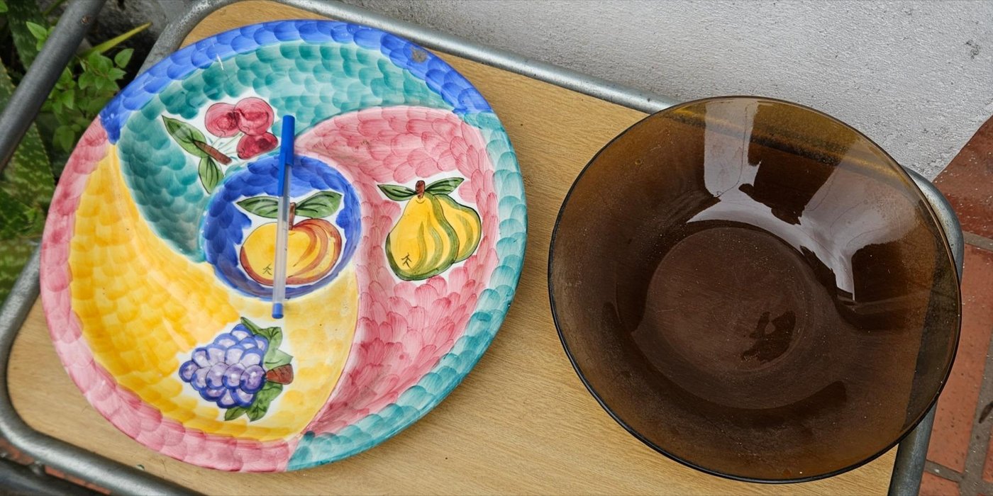 Bowl de Vidrio y Copetinero Decorado de Loza