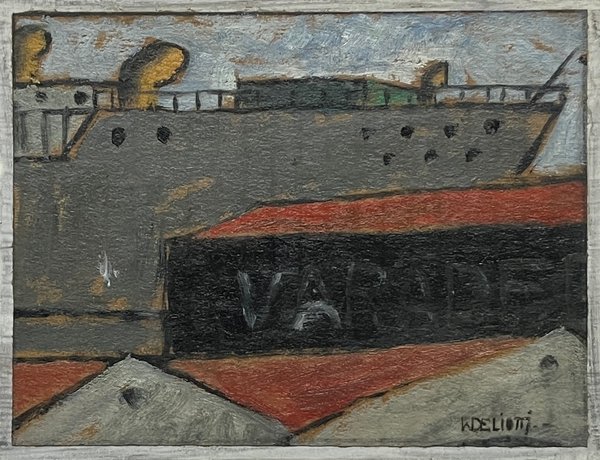 Oleo "Barco" de Walter Deliotti sobre cartón, 13 x 17 cm - imagen 1