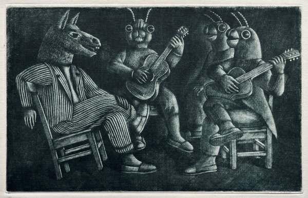 Grabado "El asno y las cigarras" de Luis Alberto Solari, 155/200 - imagen 1
