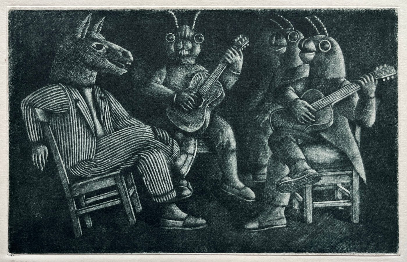 Grabado "El asno y las cigarras" de Luis Alberto Solari, 155/200