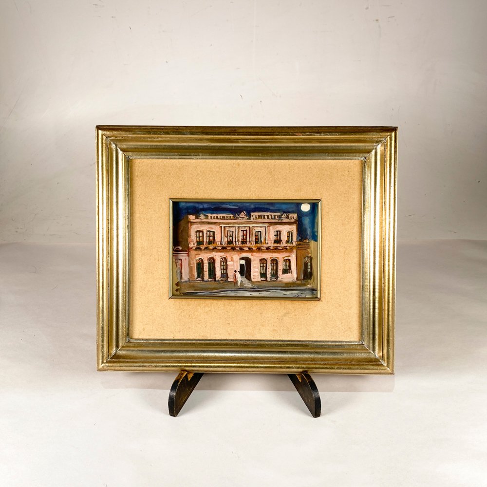 Cuadro "Casona Rosada con Luna" de Rubén Galloza, 12 x 19 cm