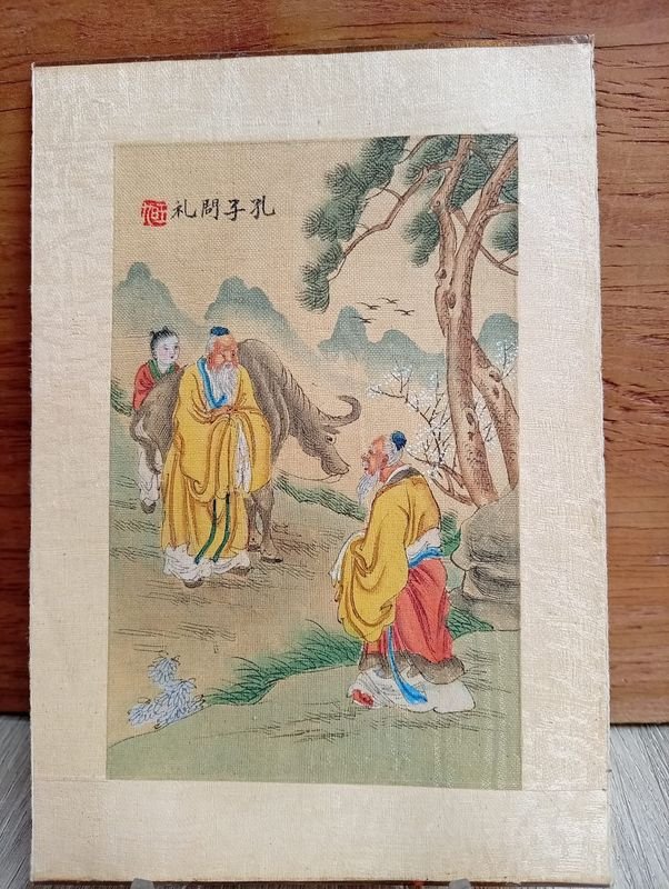 Pintura China Tradicional "Guóhuà" de Baiwen sobre Seda, Escena Histórica Firmada