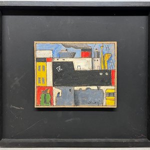 Walter Deliotti "Paisaje de ciudad y puerto" Óleo sobre cartón - imagen 2