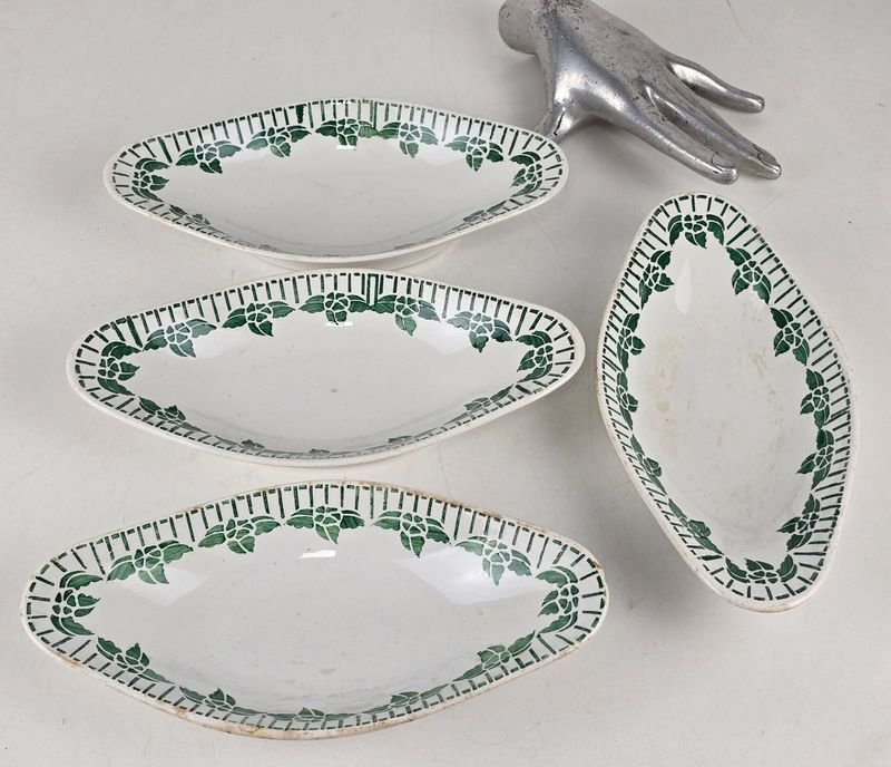 4 Pequeñas Bandejas Ovaladas Sarreguemines con Borde Verde