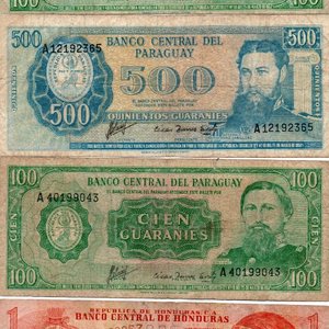 Lote de 4 Billetes: 3 Guaraníes Paraguay y 1 Lempira Honduras - imagen 2