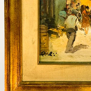 Cuadro al óleo sobre tela: Caseríos y personajes en feria, firmado "P.E" - imagen 3