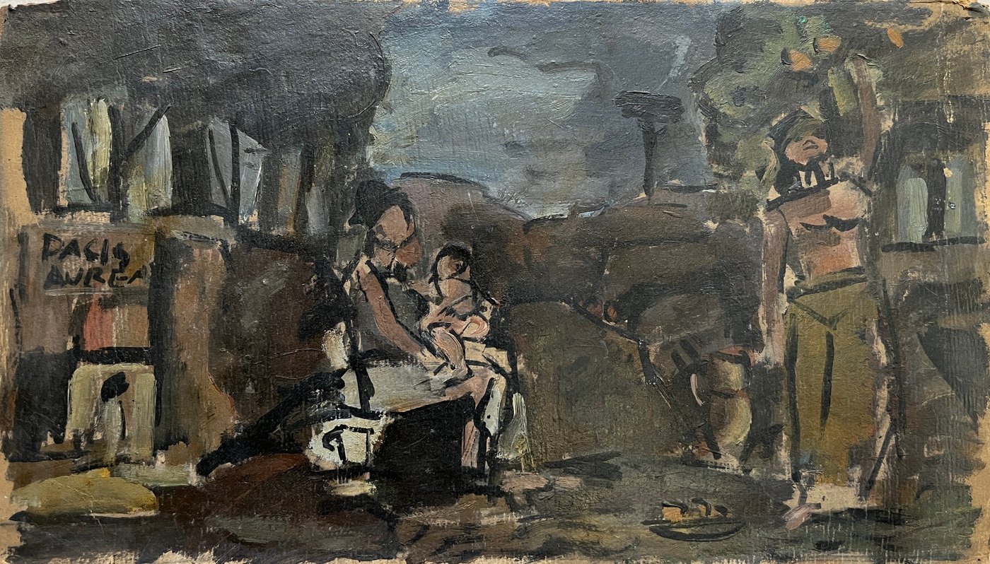 Jonio Montiel "Paisaje con maternidad" Óleo sobre cartón