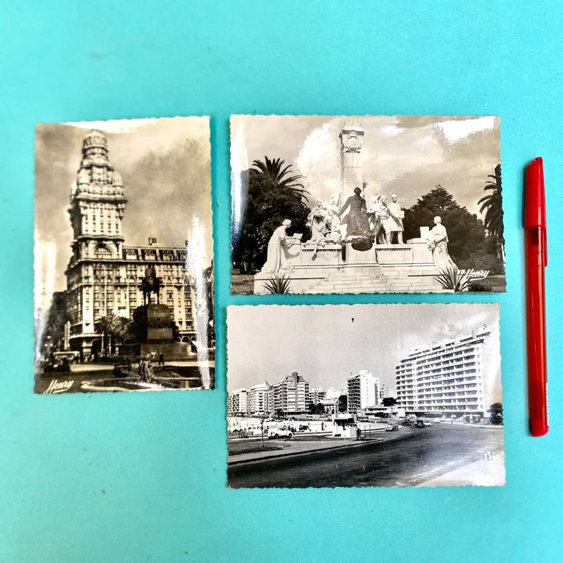 Lote de 3 Postales Antiguas de Montevideo: Palacio Salvo, Monumento y Edificios