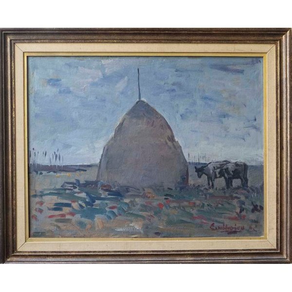 Pintura de E. Ribeiro: Paisaje con vaca