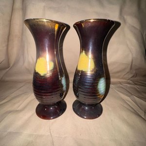 Par de Jarrones Vintage Mid-Century Cerámica Esmaltada Borgoña y Amarillo - imagen 4
