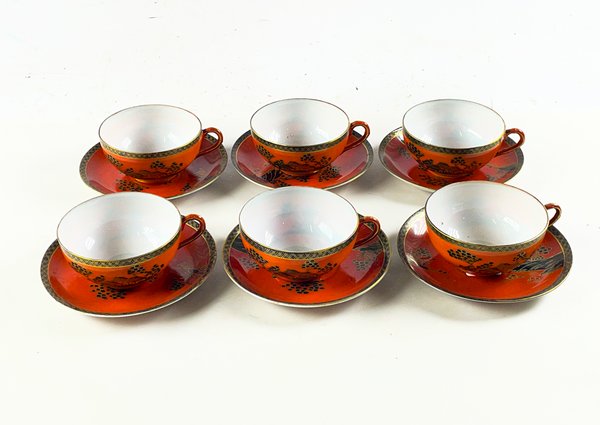 Seis Tazas de Porcelana Oriental con Platillos Estilo Japonés - imagen 1