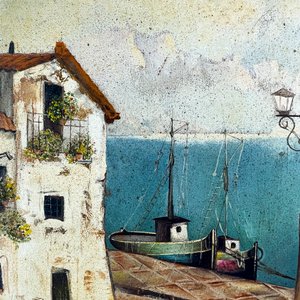 Cuadro al Óleo sobre Tela: Barcos en Puerto, 39x29 cm - imagen 2