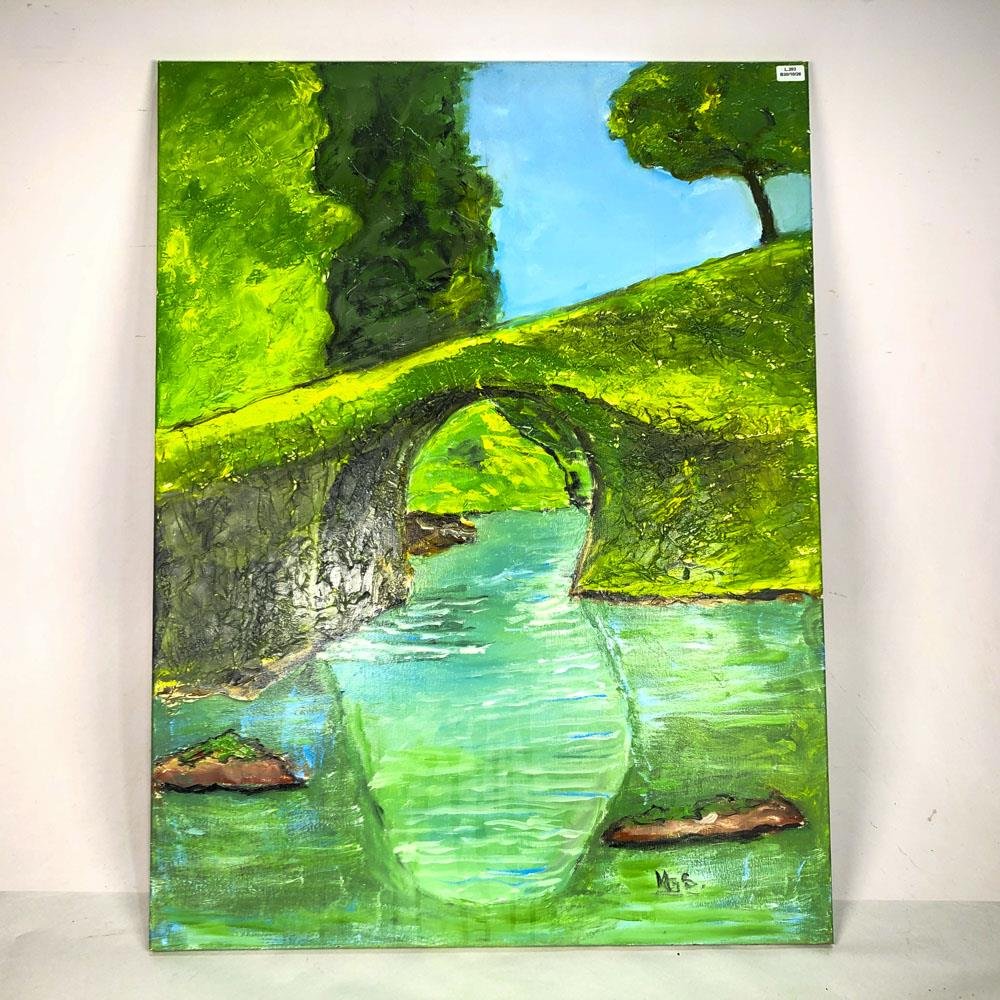 Cuadro al Óleo: Puente Verde sobre Tela, 80 x 60 cm