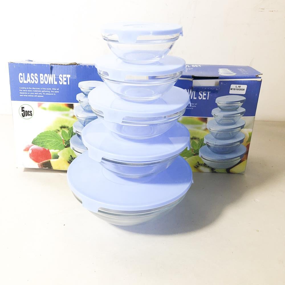 Juego de 5 Bowls de Vidrio con Tapa Azul