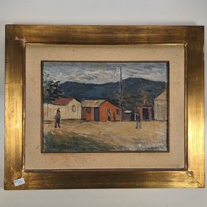 Óleo sobre lienzo "Poblado" de Osvaldo Leite, firmado, con marco dorado - imagen 2