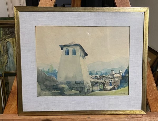 Acuarela del Pintor Santos: "Torre y Llamas" - Segunda Obra de Colección
