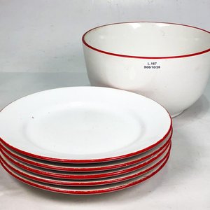 Conjunto de 5 Platos Llanos y 1 Ensaladera de Porcelana Blanca con Borde Rojo - imagen 1