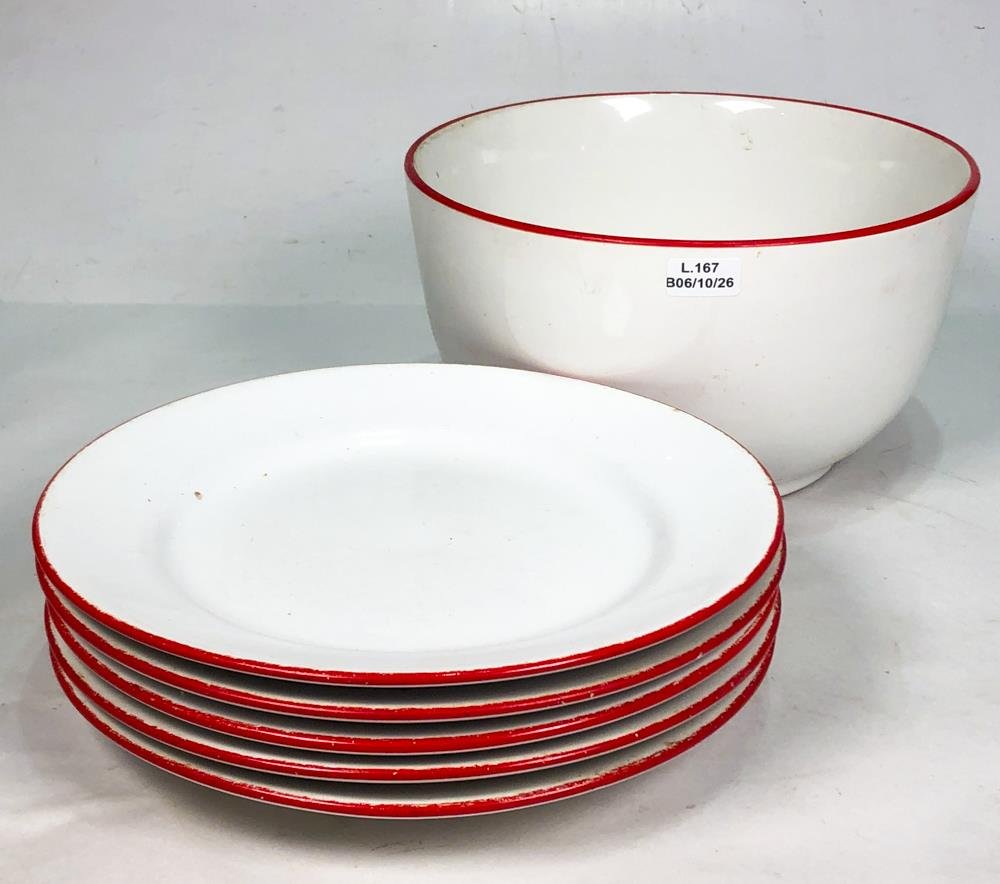 Conjunto de 5 Platos Llanos y 1 Ensaladera de Porcelana Blanca con Borde Rojo