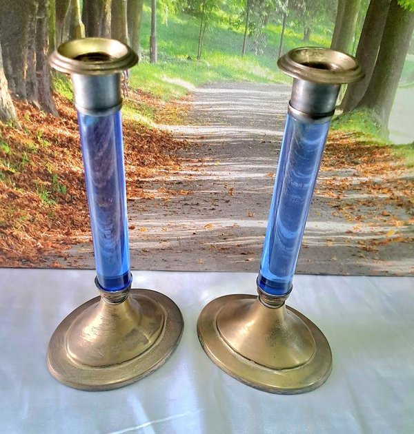 Candilabros de Platina y Vidrio Azul Colección Volf Sheffield - imagen 1