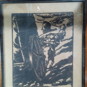 Lote siguiente: xilografía (grabado en madera) titulada «Carretas repechando», obra del artista uruguayo Guillermo C. Rodríguez