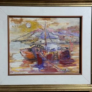 Óleo "Barco en Puerto" de Corina Catarivas, 26x21cm - imagen 1