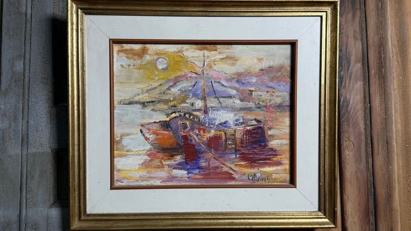 Óleo "Barco en Puerto" de Corina Catarivas, 26x21cm