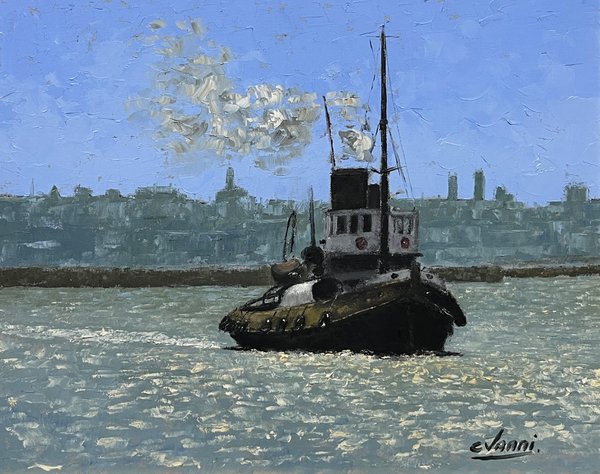 Oleo "Remolcador" de Cesar Vanni, 42 x 51 cm - imagen 1