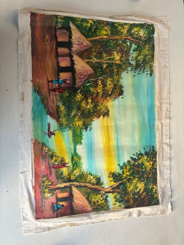 LIENZO TRAÍDO DESDE ÁFRICA - Pintura de escena rural