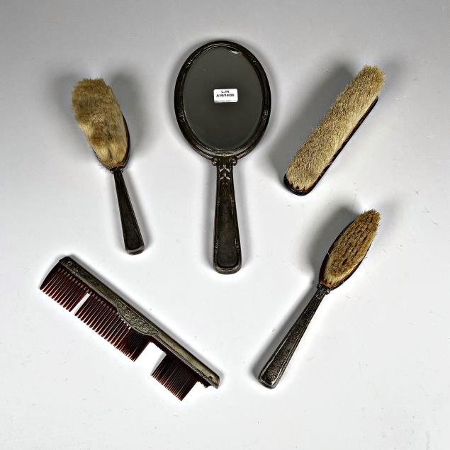 Juego de Tocador Antiguo: Espejo y Cepillos Metálicos con Peine