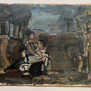 Jonio Montiel "Paisaje con maternidad" Óleo sobre cartón - imagen 2