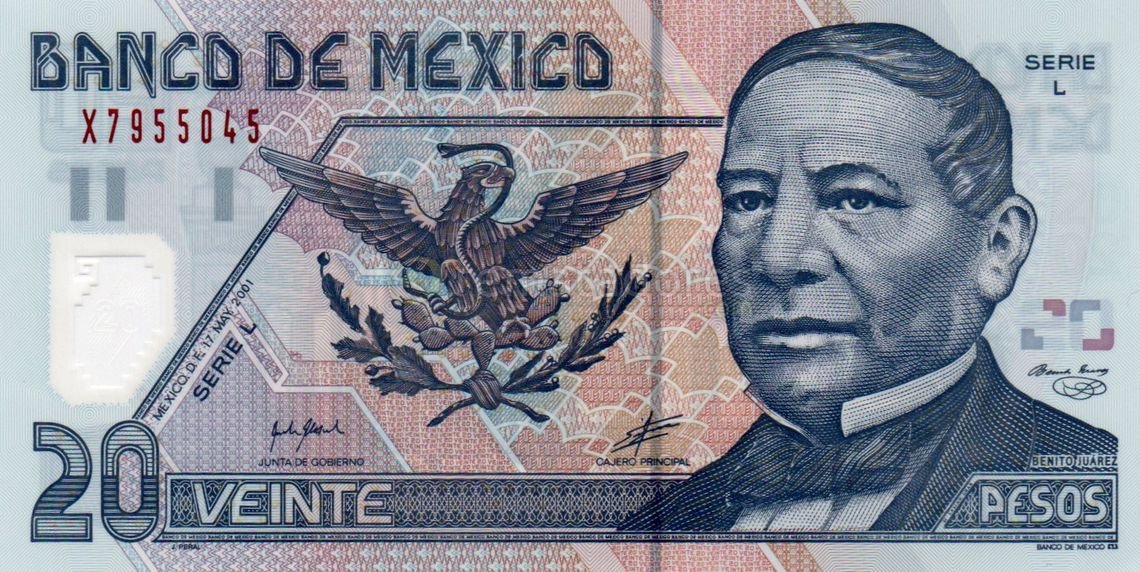 Billete de 20 Pesos Mexicanos Serie L con Benito Juárez