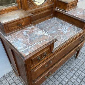 Tocador Antiguo de Roble con 3 Espejos y Tapa de Mármol - imagen 4