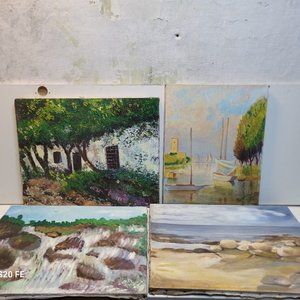 Lote siguiente: Lote de 4 Cuadros al Óleo sobre Lienzo: Paisajes y Marina