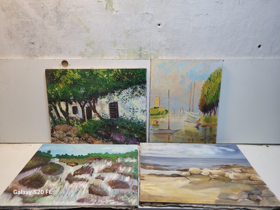 Lote de 4 Cuadros al Óleo sobre Lienzo: Paisajes y Marina