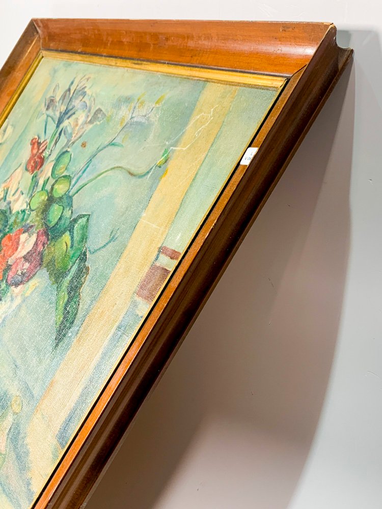 Pintura óleo sobre tela, jarrón azul con flores y frutos - imagen 3